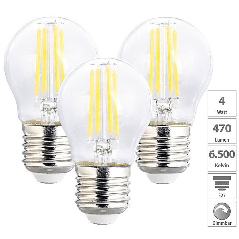 LED-Filament-Lampen im 3er-Set, G45, E27, 470 lm, 4 W, 6500 K, dimmbar