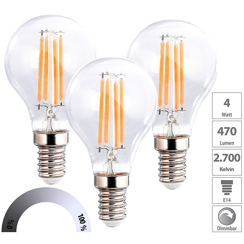 3er-Set LED-Filament-Lampen, G45, E14, 470 lm, 4 W, 2700 K, dimmbar