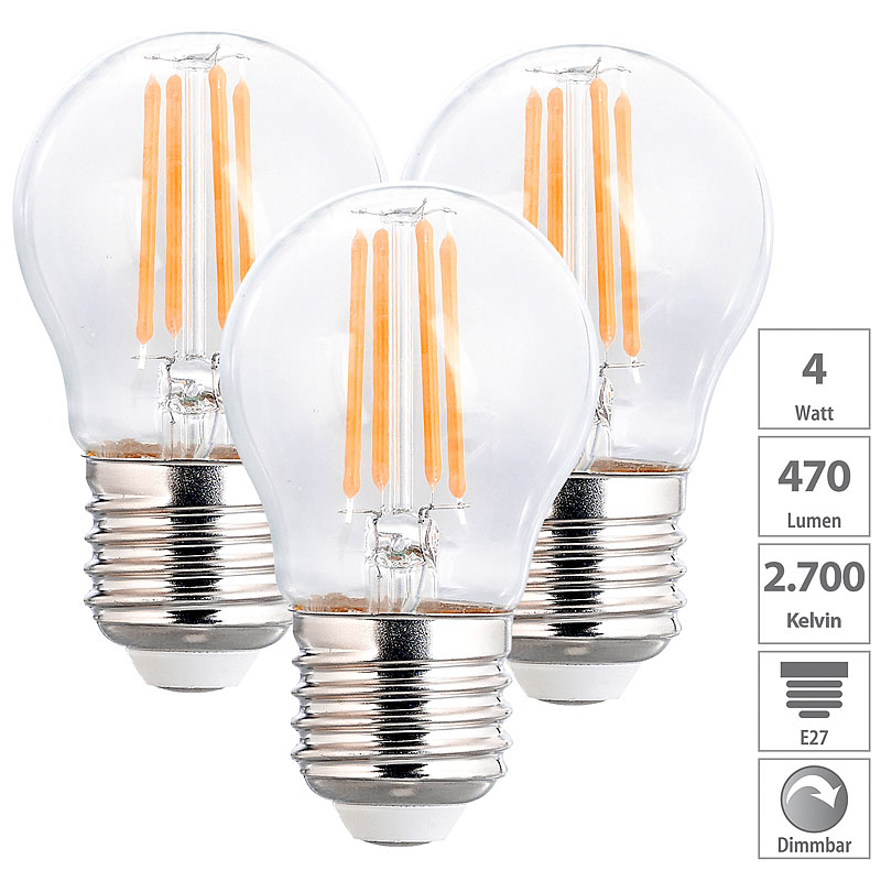 3er-Set LED-Filament-Lampen, G45, E27, 470 lm, 4 W, 2700 K, dimmbar