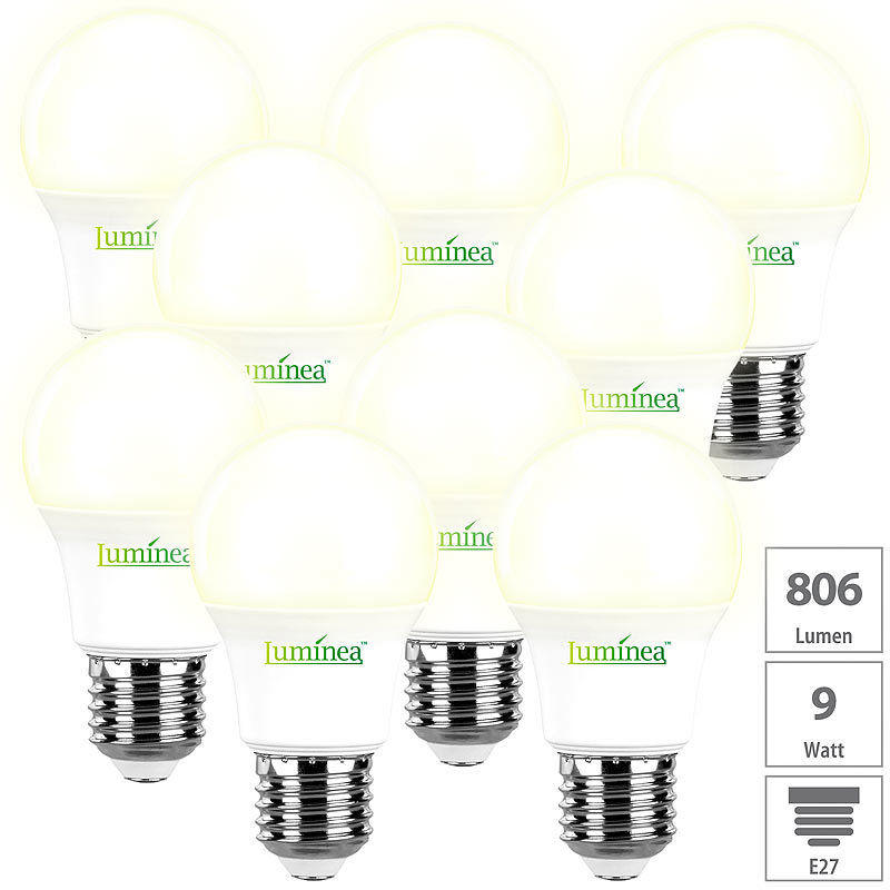 9er-Set LED-Lampen, warmweiß, 806 Lumen, E27, 220°, 9 Watt, A+