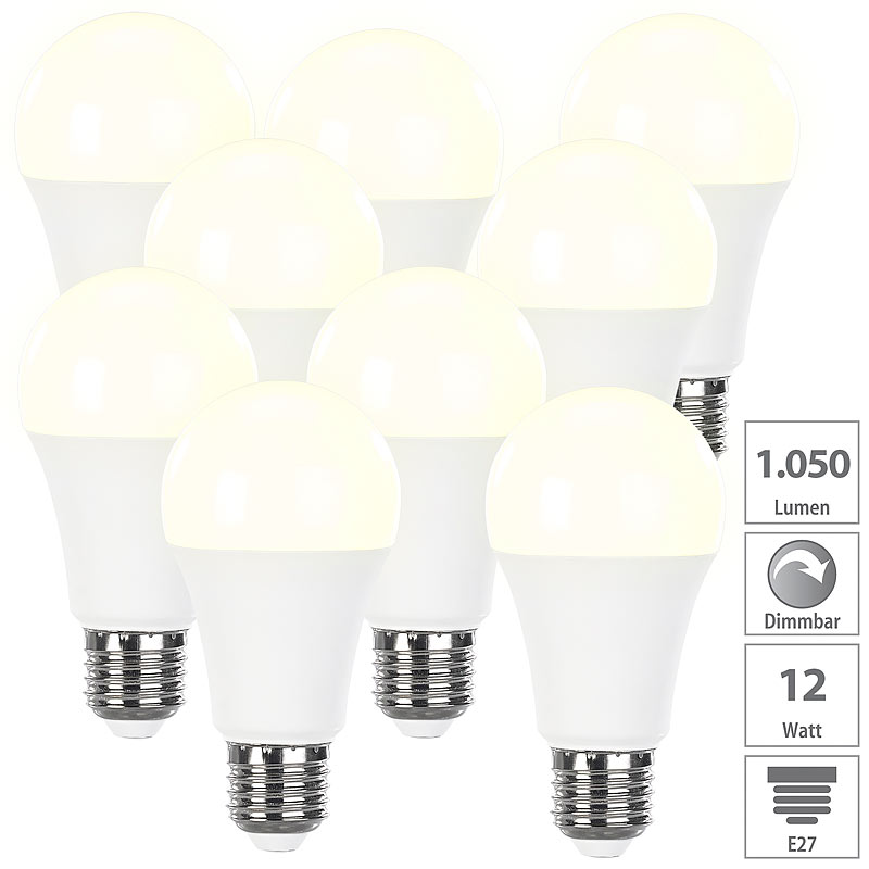 9er-Set dimmbare LED-Lampen warmweiß, 12 W, E27, 2700 K, 1050 lm