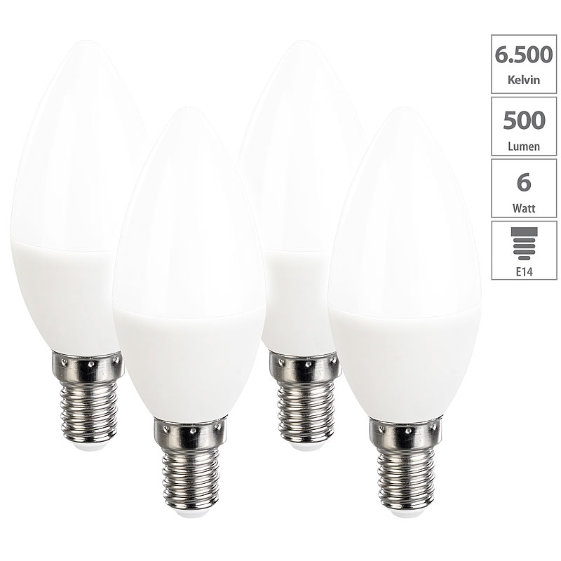 4er-Set LED-Kerzen, tageslichtweiß, 470 Lumen, E14, 6 Watt, 6500 K