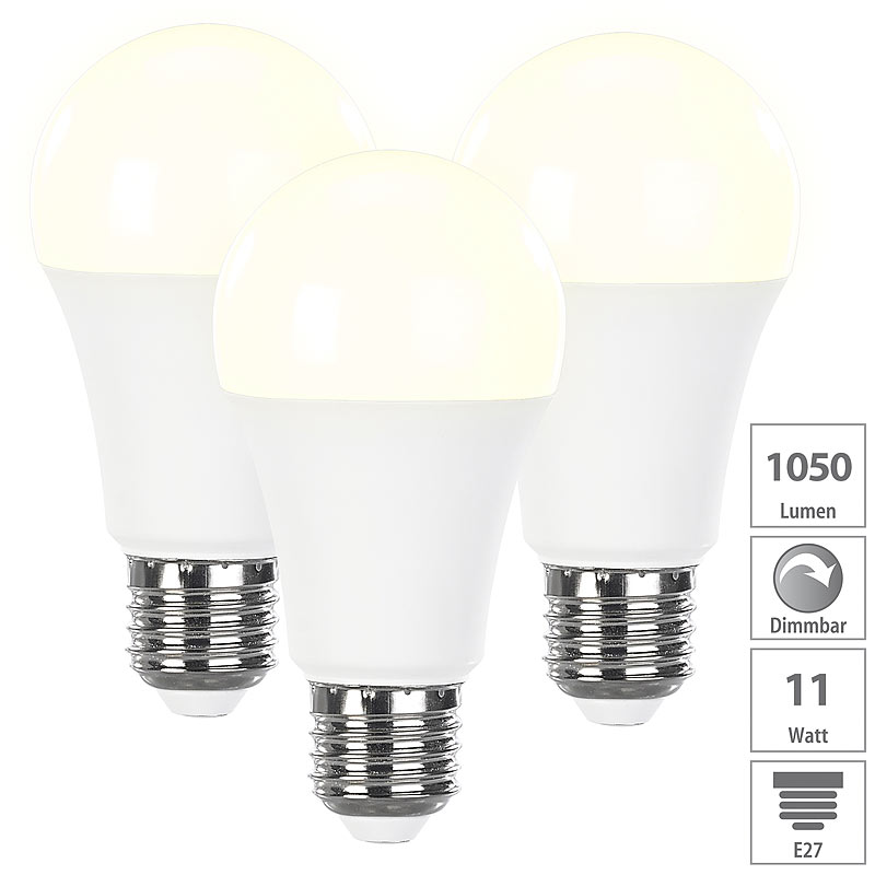 3er-Set dimmbare LED-Lampen warmweiß, 12 W, E27, 2700 K, 1050 lm