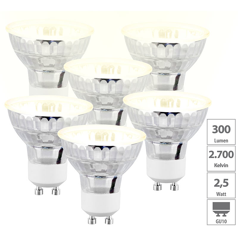 6er-Set LED-Spotlights im Glasgehäuse, warmweiß, 300 Lumen, GU10, A++