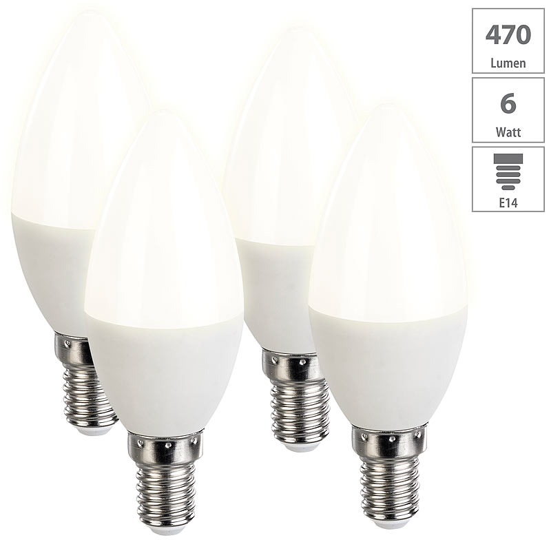 4er-Set LED-Kerzen, warmweiß, 470 Lumen, E14, A+, 6 Watt