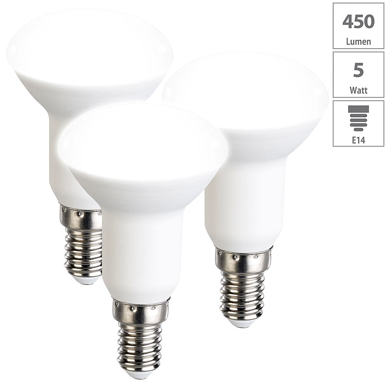3er-Set LED-Reflektoren, R50, tageslichtweiß, 450 Lumen, E14, A+, 5 W