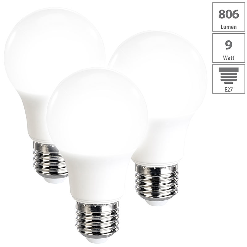 3er-Set LED-Lampen, tageslichtweiß, 806 Lumen, E27, A+, 9 Watt