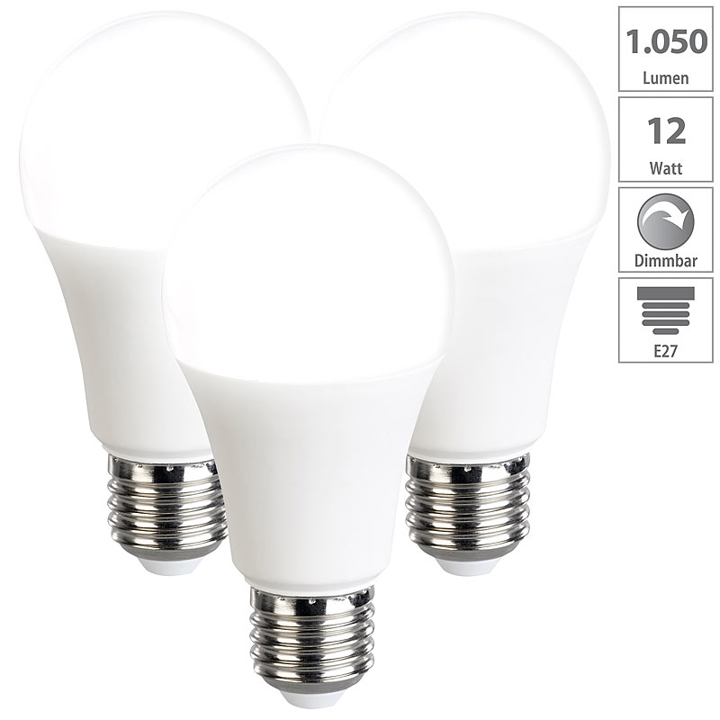 3er-Set LED-Lampen, dimmbar, tageslichtweiß, 1050 Lumen, E27, A+, 12 W