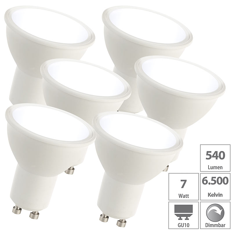 6er-Set LED-Spots GU10, 7 Watt, 480 lm, A+, 6.500 K, 120°, A+