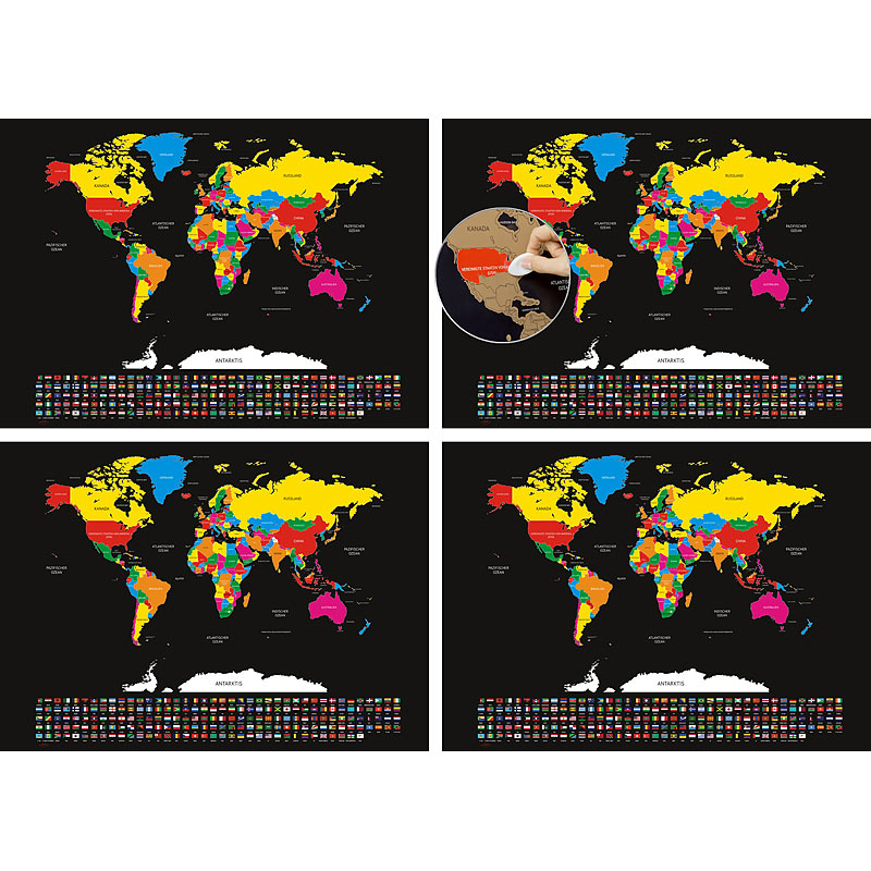 4er-Set XXL-Weltkarte mit Ländern und Flaggen zum Freirubbeln, 82x59cm