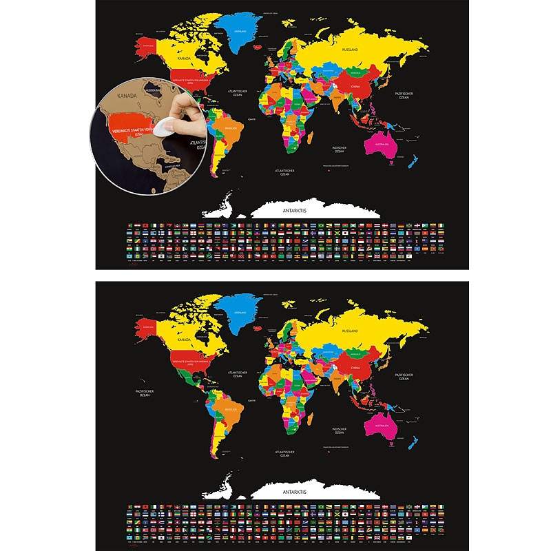 2er-Set XXL-Weltkarte mit Ländern und Flaggen zum Freirubbeln, 82x59cm