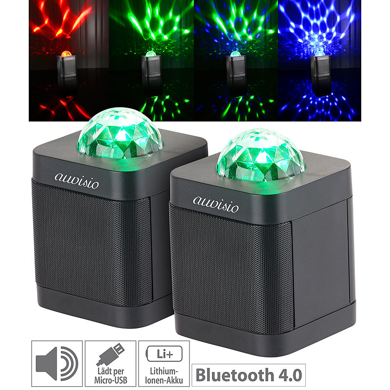 2er-Set Lautsprecher mit Bluetooth 4.0 & 3-farbigem Disco-Lichteffekt