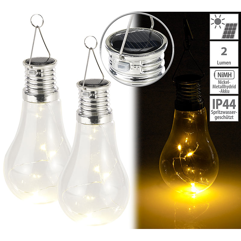 2er-Set Solar-LED-Lampe in Glühbirnen-Form, 3 warmweiße LEDs, 2 lm