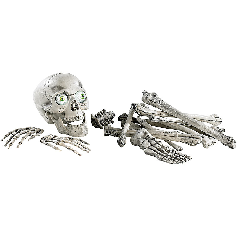 18-teiliges Grusel-Skelett: Totenschädel & Knochen mit Sound