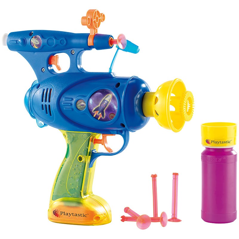 3in1-Spielzeugpistole: Schießt Seifenblasen, Wasser & Gummipfeile