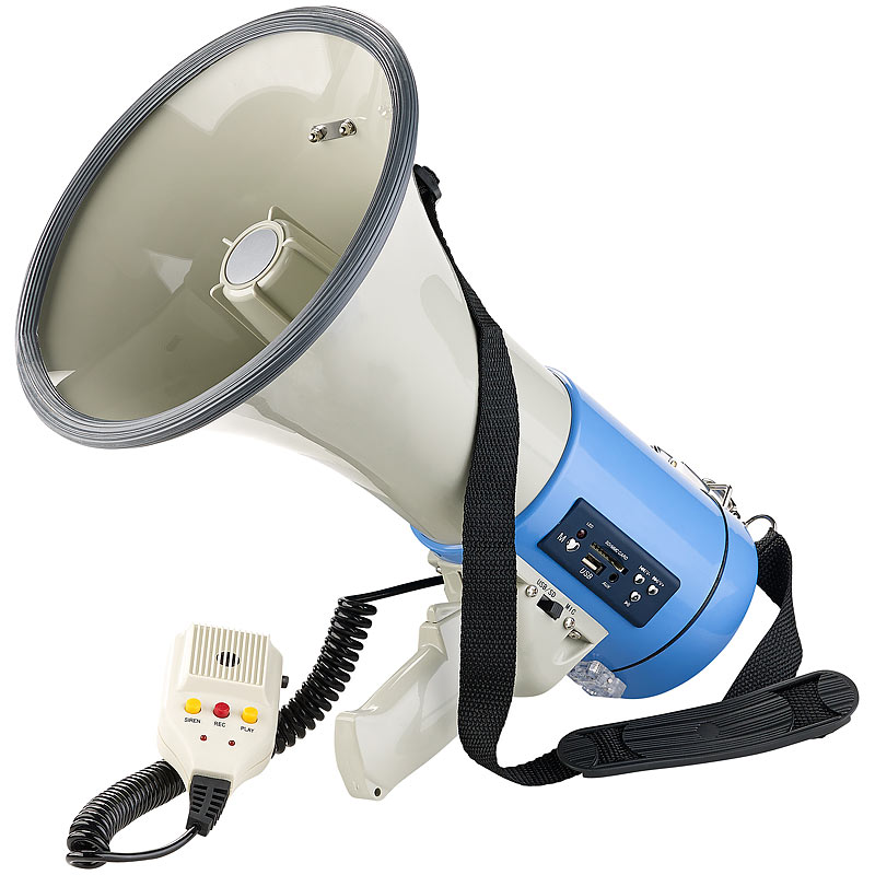 MP3-Megafon mit Voice-Recording, Wiedergabe von USB, SD & AUX, 50 Watt