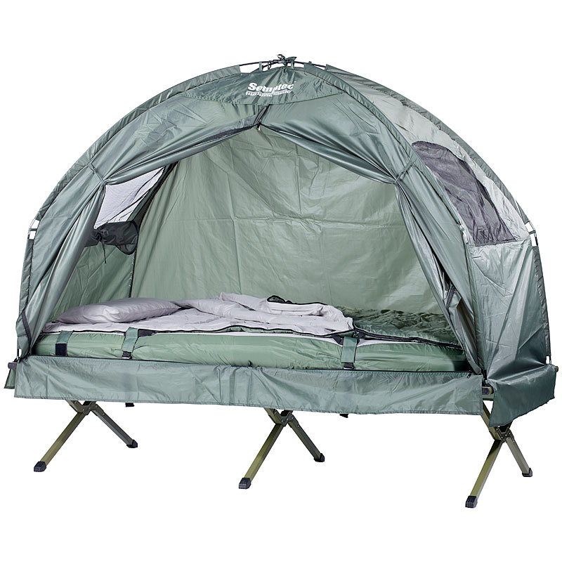 4in1-Zelt mit Feldbett, Sommer-Schlafsack und Matratze