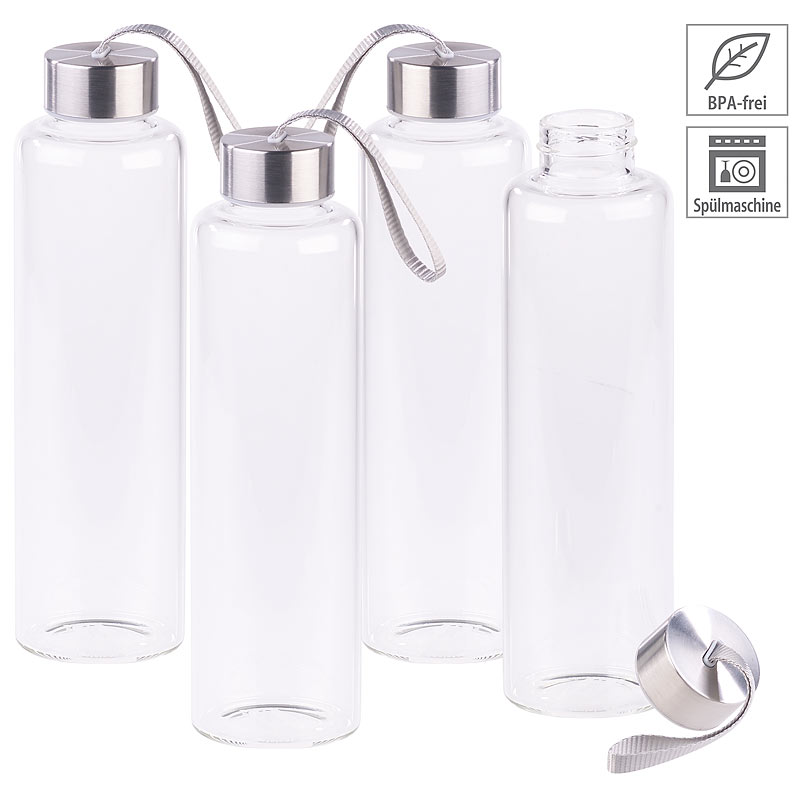 4er-Set Trinkflaschen aus Borosilikat-Glas, 550 ml, spülmaschinenfest
