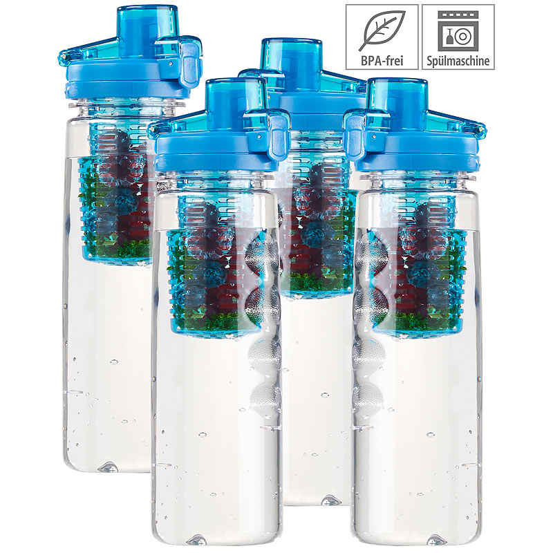 4er-Set Tritan-Trinkflaschen mit Fruchtbehälter, BPA-frei, 800ml, blau