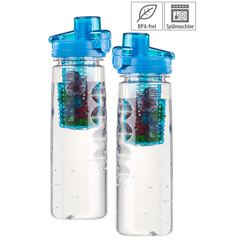 2er-Set Tritan-Trinkflaschen mit Fruchtbehälter, BPA-frei, 800ml, blau