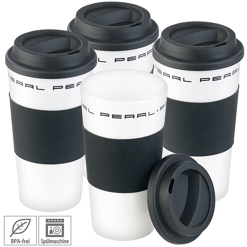 4er-Set Coffee-to-go-Becher mit Deckel, 475 ml, doppelwandig, BPA-frei