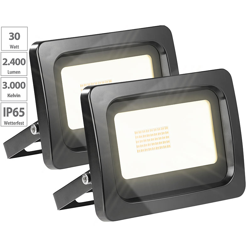 2er-Set wetterfeste LED-Fluter, 30 Watt, 2.400 Lumen, IP65, 3.000 K