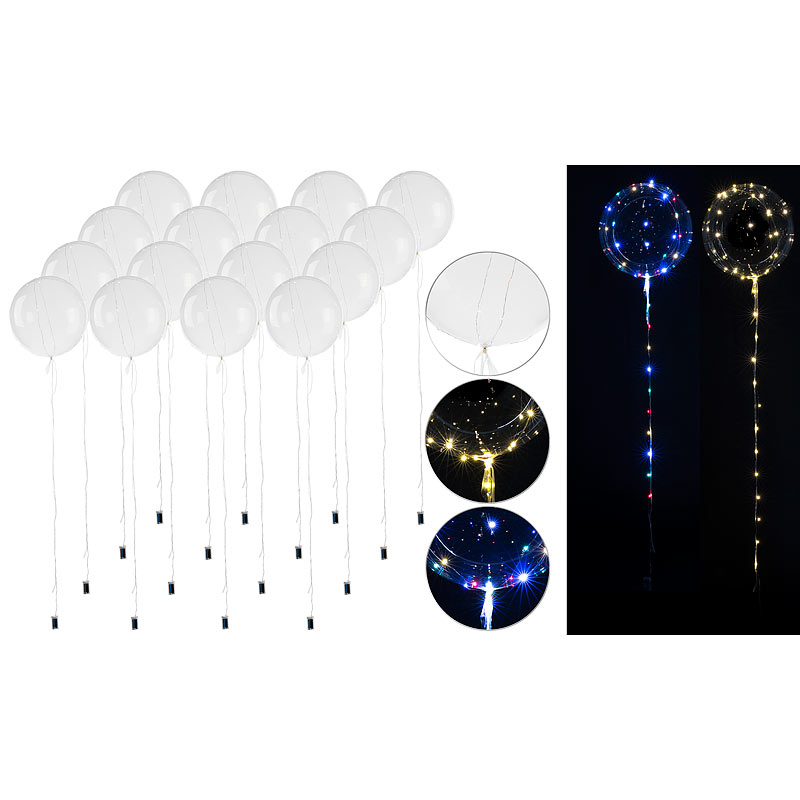 16er-Set Luftballons mit Lichterkette, 40 weiße & 40 Farb-LEDs, Ø 25