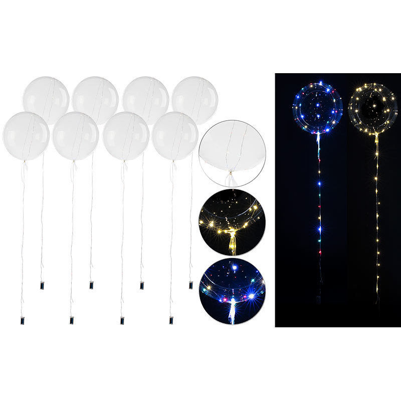 8er-Set Luftballons mit Lichterkette, 40 weiße & 40 Farb-LEDs, Ø 25 cm