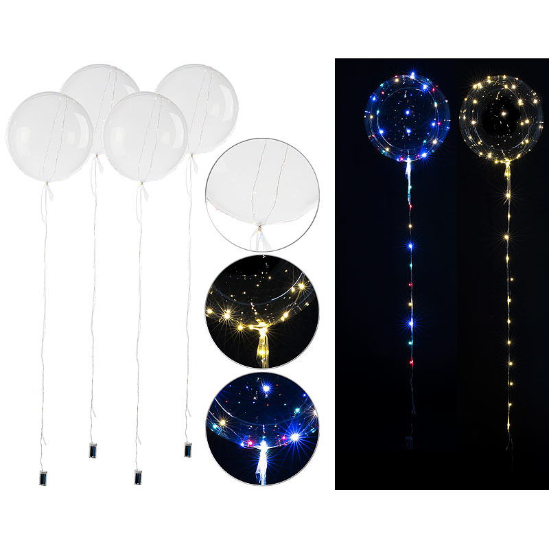 4er-Set Luftballons mit Lichterkette, 40 weiße & 40 Farb-LEDs, Ø 25 cm