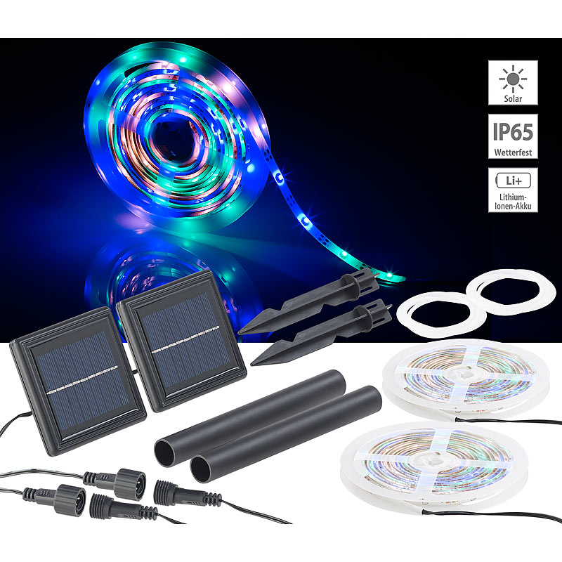 2er-Set Solar-LED-Streifen, 90 LEDs in Pink, Grün & Blau, 3m, IP65