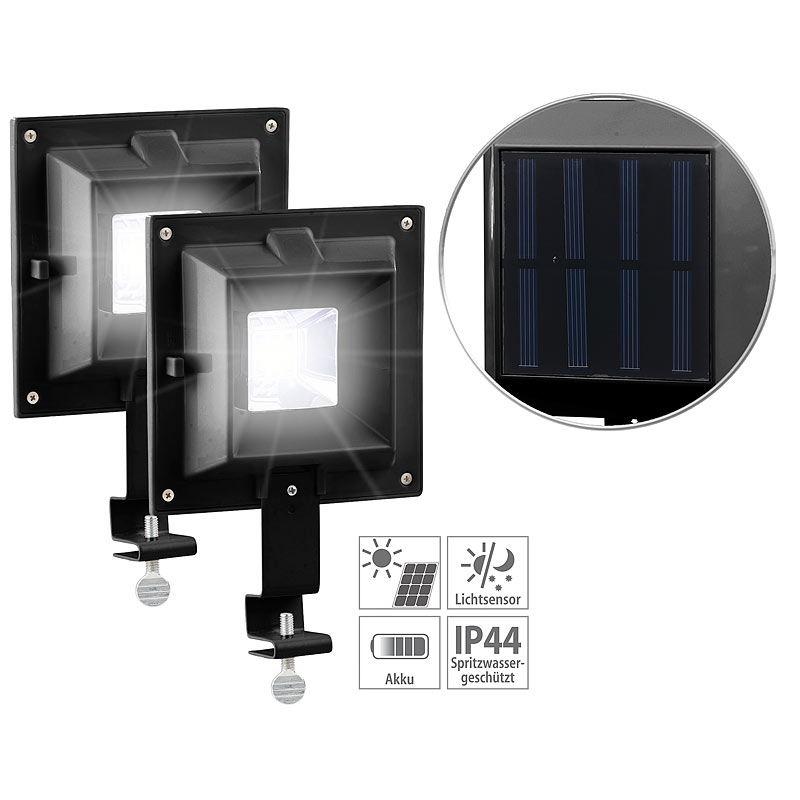 2er-Set Solar-LED-Dachrinnenleuchten, 20 lm, Licht-Sensor, schwarz