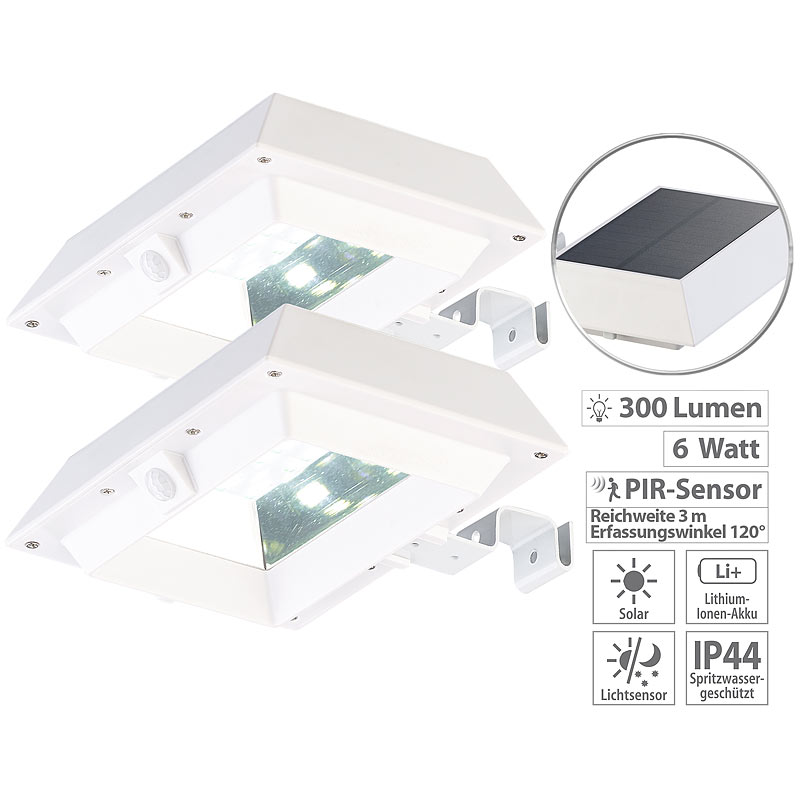 2er-Set 2in1-Solar-LED-Dachrinnen-& Wandleuchten, PIR-Sensor, weiß