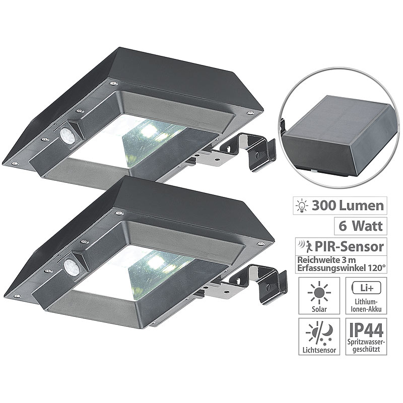 2er-Set 2in1-Solar-LED-Dachrinnen- & Wandleuchten, je 300 lm, schwarz