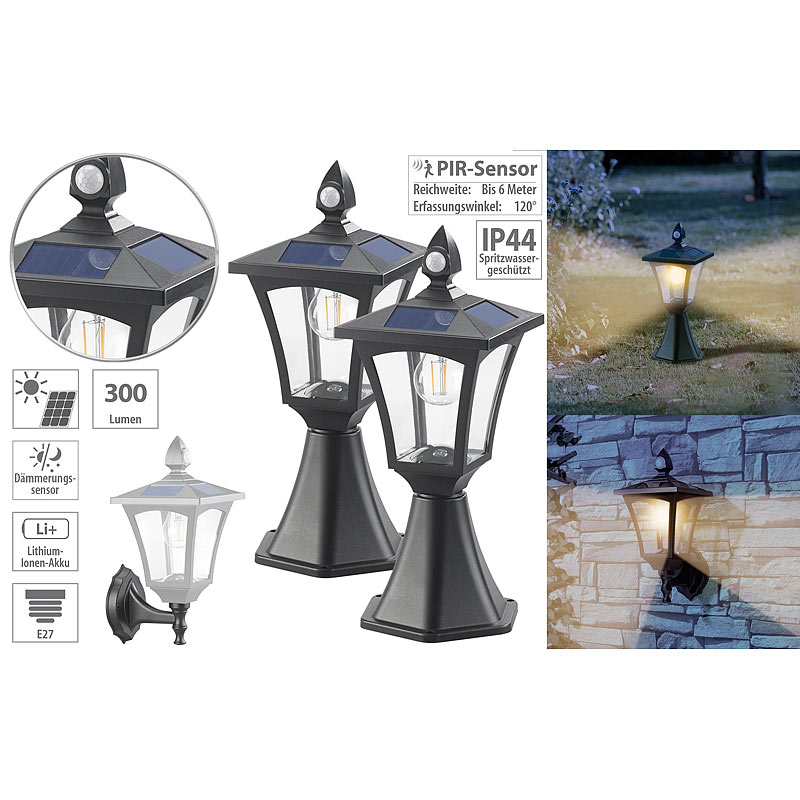 2er-Set Solar-LED-Stand- & Wandlaternen, PIR-Sensor, 300 lm