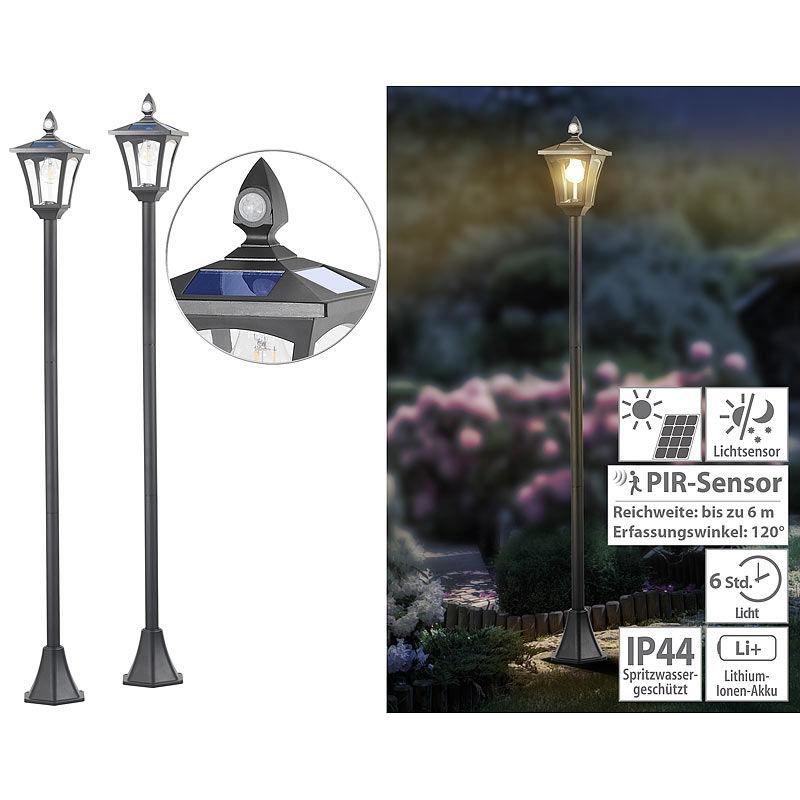 2er-Set Solar-LED-Gartenlaternen, PIR-Sensor, Dämmerungssensor, 300 lm