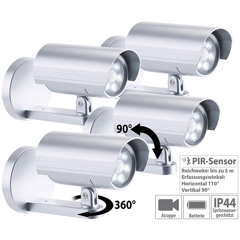 4er-Set 2in1-Dummy-Außen-Kameras & -Leuchten mit Bewegungsmelder, IP44