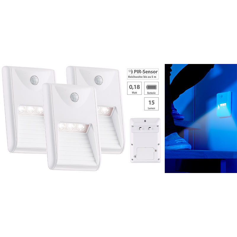 3er-Set LED-Treppenleuchten & Nachtlichter mit PIR-Bewegungssensor