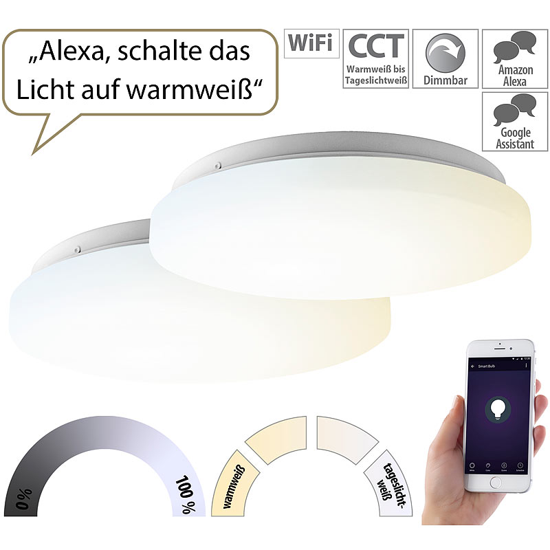 2er-Set WLAN-LED-Deckenleuchten für Amazon Alexa&Google Assistant, 24W