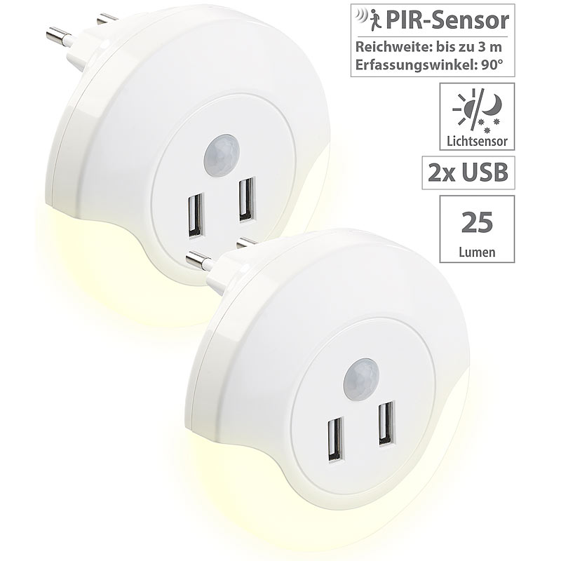 2 LED-Steckdosen-Nachtlichter, PIR- und Lichtsensor, 2x USB (10 Watt)