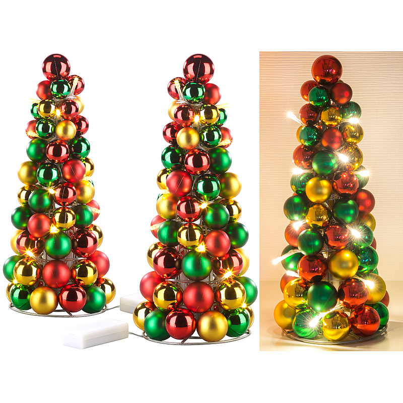 2er-Set LED-beleuchtete Weihnachtsbaum-Pyramiden mit bunten Kugeln