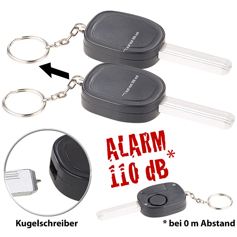 2er-Set Personenalarm im Autoschlüssel-Design, 110-dB-Sirene, Kuli