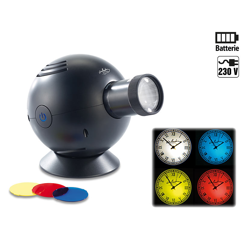 LED-Uhrenprojektor, 3 Farbfilter, projiziert Uhrzeit bis Ø 120 cm