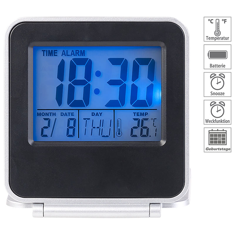 Kompakter Digital-Reisewecker mit Thermometer, Kalender und Timer
