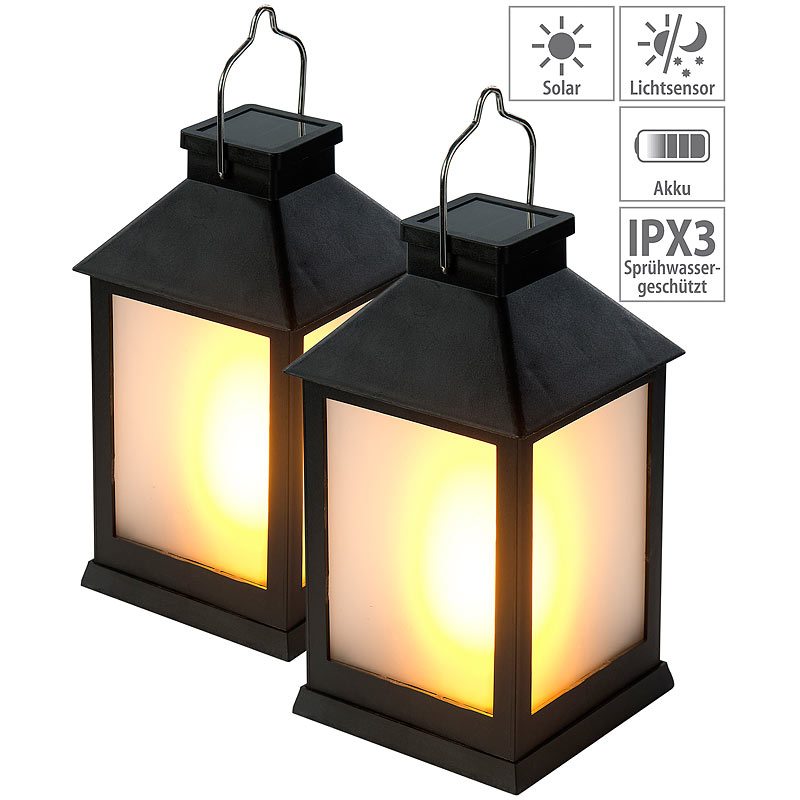 Lunartec 2er-Set Solar-Gartenlaternen, 12 Flammeneffekt-LEDs