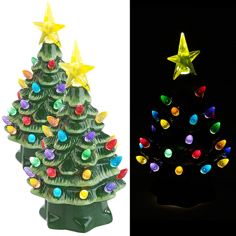 2 Deko-Weihnachtsbäume aus Keramik mit LED-Beleuchtung, Timer, 19 cm