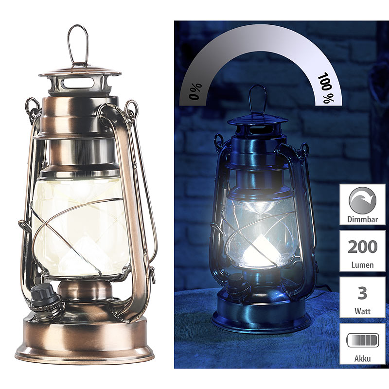 Ultra helle LED-Sturmlampe mit Akku, 200 Lm, 3W, warmweiß, bronze