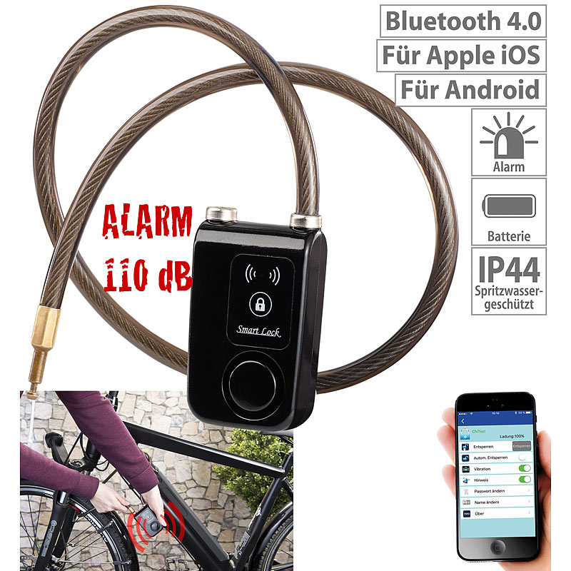 App-gesteuertes Kabelschloss, Bluetooth, Alarm für Fahrrad, Tür u.v.m.