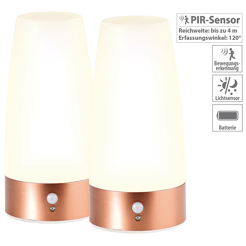 2 LED-Tischlampen mit PIR-Bewegungs-Sensor, Batteriebetrieb, warmweiß
