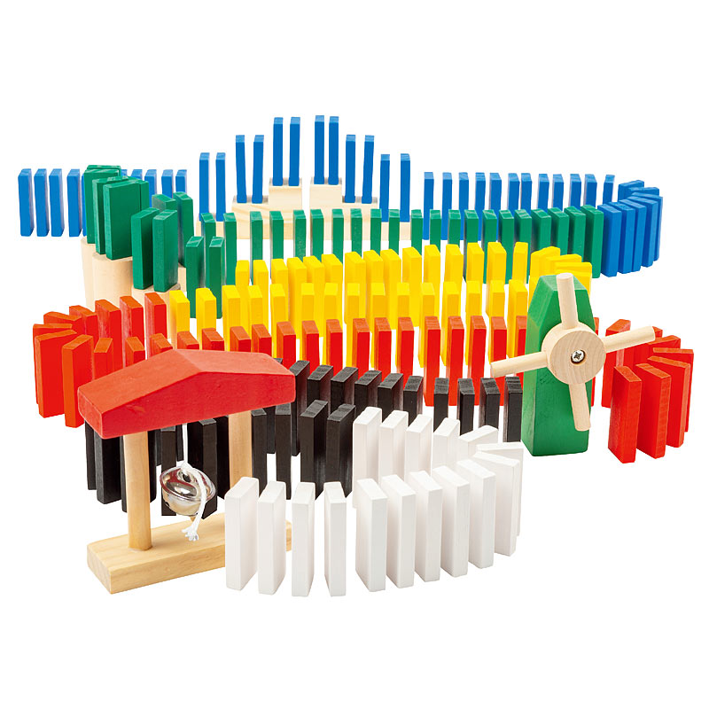 Domino-Set mit 480 farbigen Holzsteinen und 11 Streckenbau-Elementen