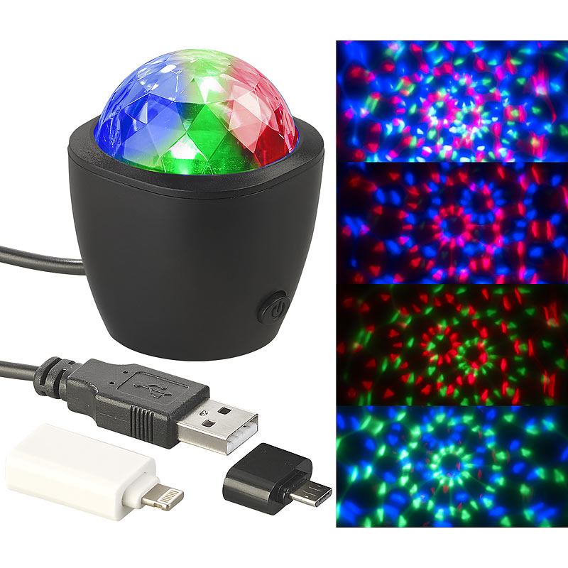 Mini-Disco-Licht, RGB-LED, Akustik-Sensor, für USB- & iPhone-Anschluss